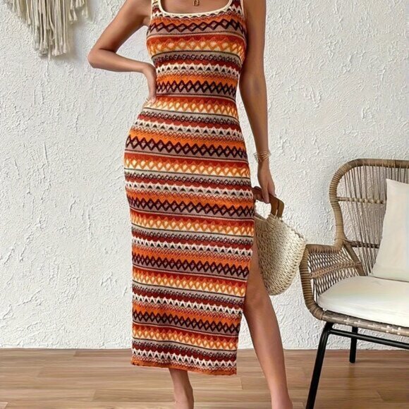 Knit Striped Tank Dress Side Leg Slit Long Ribbed Multicolor Long, Slim - Picture 3 of 6